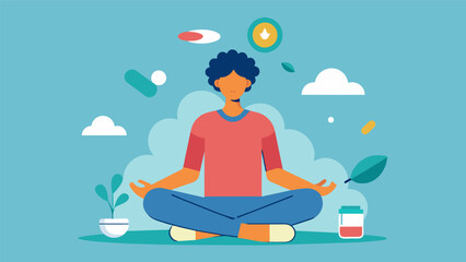 Obraz premium A person sits in meditation pose taking deep breaths and intentionally swallowing their psychiatric medication bringing awareness to the effects it.
