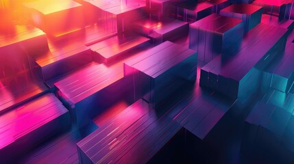 Naklejka premium A 3D rendering of a futuristic city made of glass and metal with bright neon lights reflecting off the buildings.
