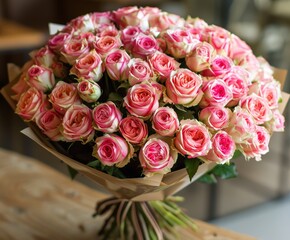 Bouquet of Pink and White Roses on Table