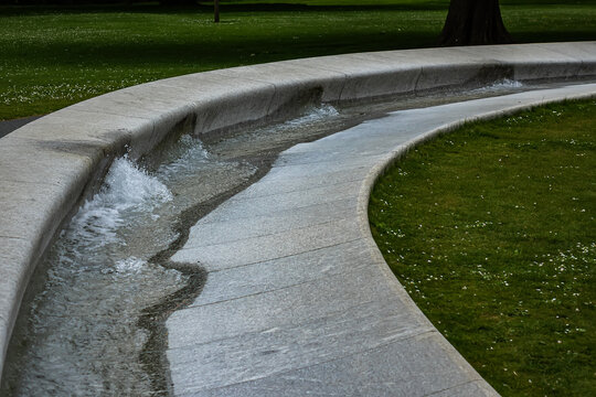 Diana Memorial Fountain is located south of the Serpentine Lake (designed by Gustafson Porte, 2004). London, UK. April 19, 2024.
