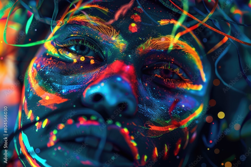 Poster close up of a person with neon paint on their face. ideal for artistic and creative projects