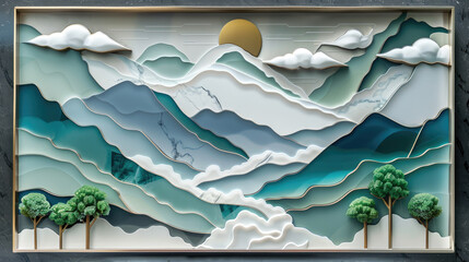 3d modern art wall frame, landscape with blue, gray, green and turquoise mountains marble trees, clouds, for wall decor910