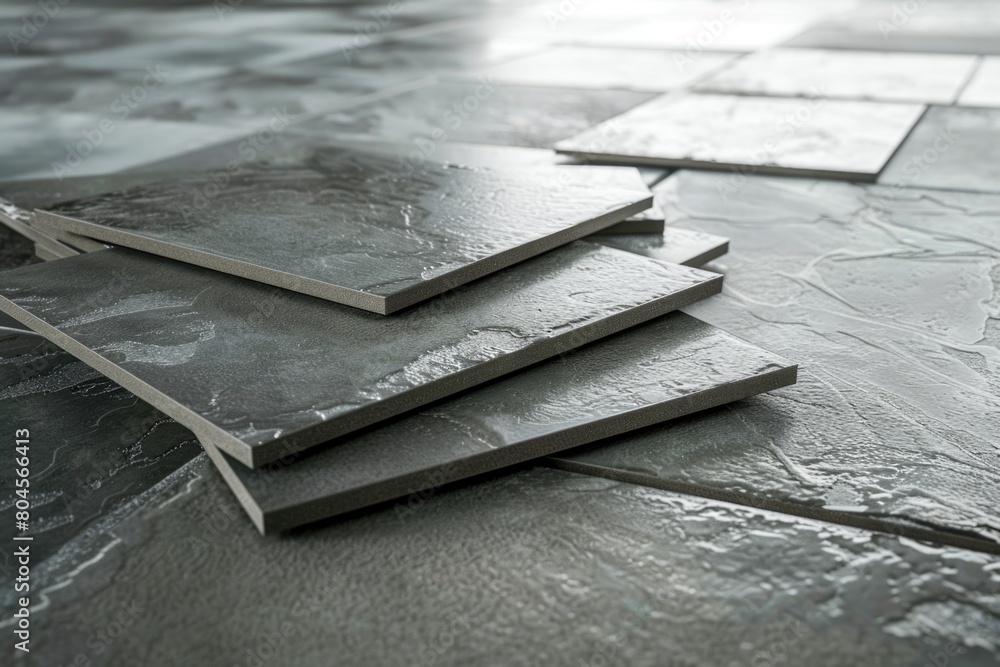 Poster a stack of books on a tiled floor, suitable for educational or interior design concepts