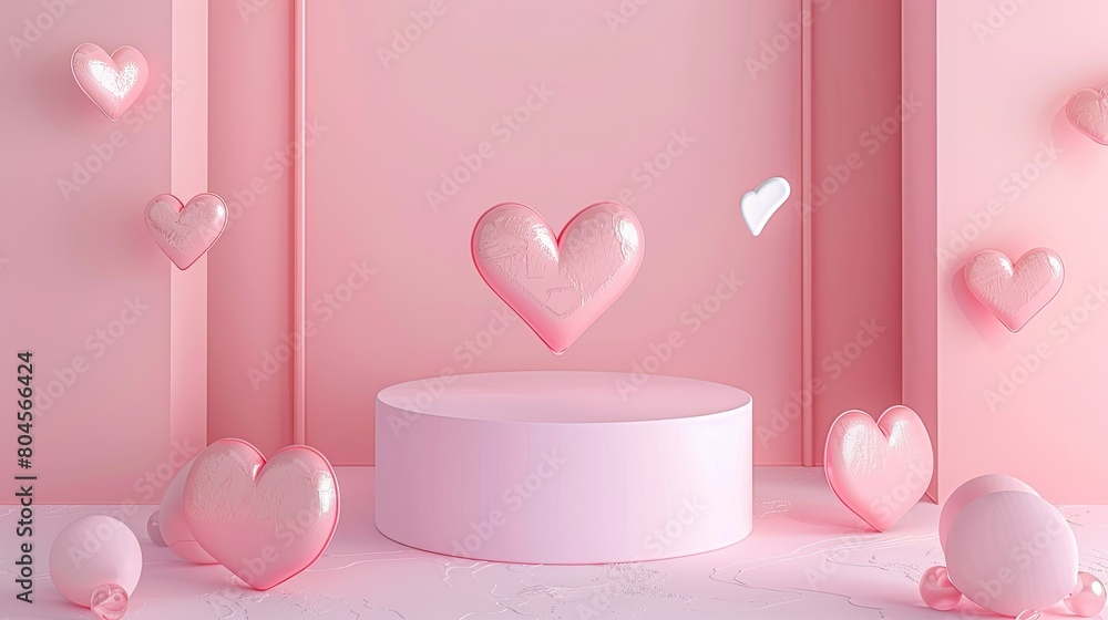 Poster a simple and chic setting featuring a podium and charming heart shapes against a soft pink backdrop 