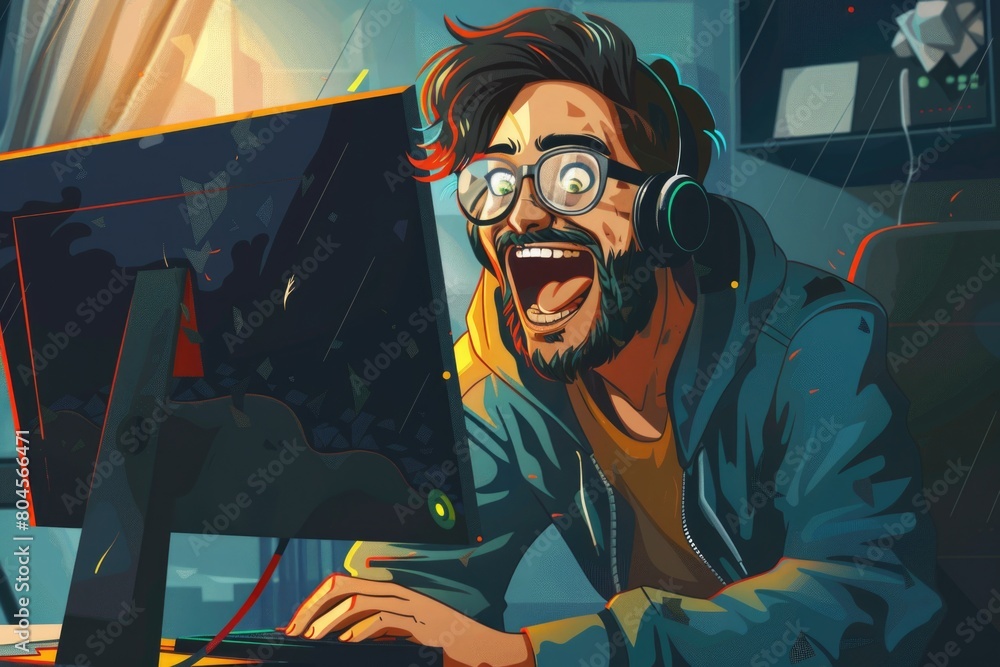 Poster a man wearing headphones and glasses sitting at a computer desk. suitable for technology and work co