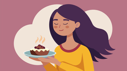 A woman closes her eyes and takes a deep breath before indulging in a decadent dish relishing every moment of the experience..