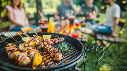 A backyard barbecue scene with friends enjoying grilled chicken and refreshing drinks on a sunny day."