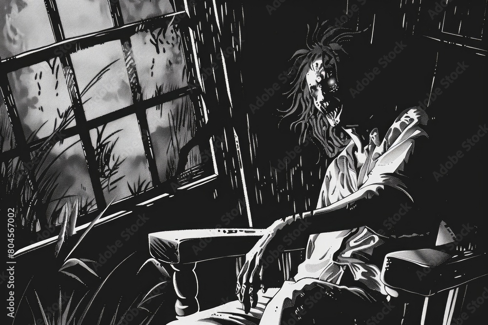 Aufkleber a person sitting in a chair in front of a window, suitable for various concepts and designs