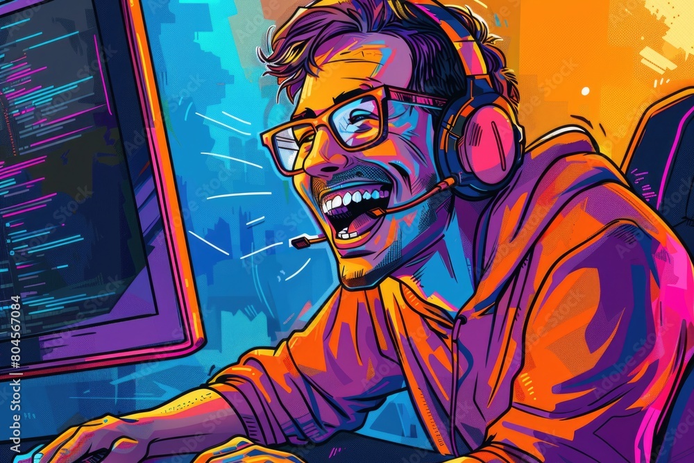 Poster a man sitting in front of a computer with headphones on. ideal for technology and work concepts