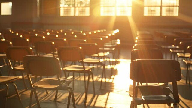 A room full of empty chairs with a sun shining through the windows