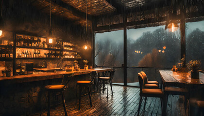 Abstract Coffee Shop interior view, dark, mysterious, fantastic, light from the window on on digital art concept, Generative AI. - obrazy, fototapety, plakaty
