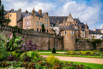 View of the city of Vannes through the wall of Remparts Vannes. Photography taken in Vannes,...