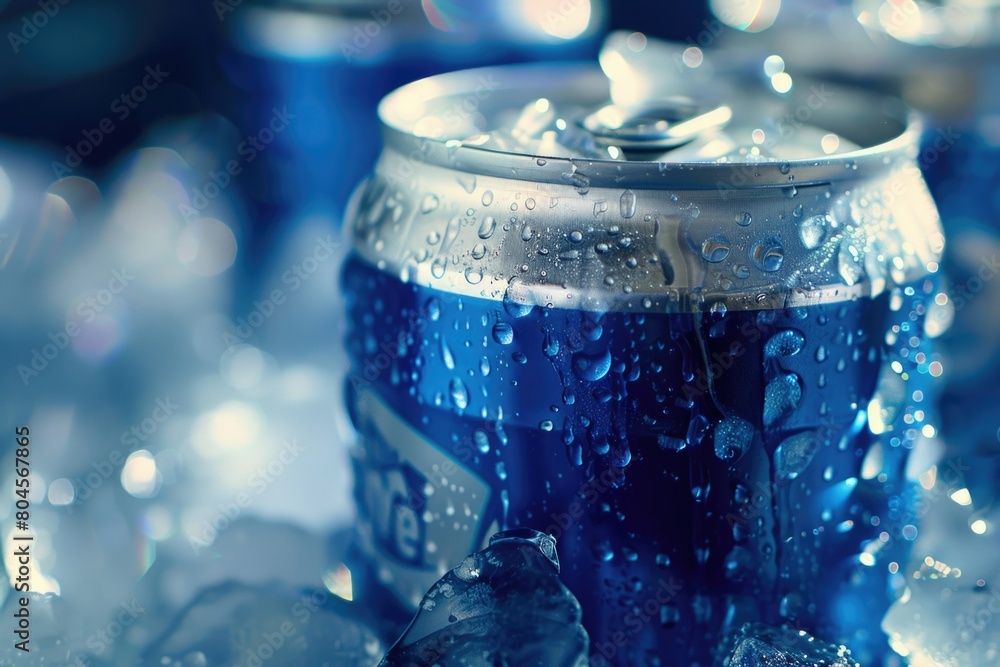 Poster a refreshing can of soda sitting on a bed of ice. perfect for summer beverage concepts