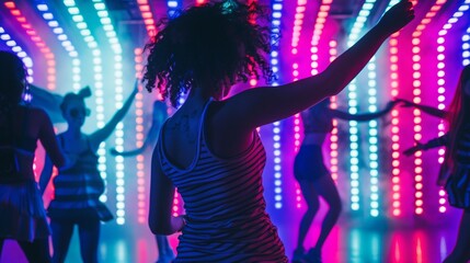 Retro 80s style dance party celebrating Pride flashy neon lights and vintage fashion