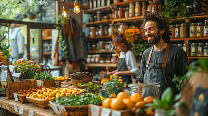 Obraz premium Cheerful shopkeeper in bustling local grocery store