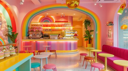 Whimsical LGBTQ+ themed cafe with rainbow pastries and drinks