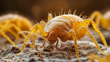 The Significance of a Clean Sleeping Environment: A Photo of a Dust Mite in Bed. Concept Indoor Allergens, Dust Mites, Sleep Hygiene, Bedroom Hygiene, Clean Sleeping Environment - obrazy, fototapety, plakaty