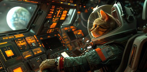 A brave cat astronaut sits in the cockpit of a spaceship, staring out at the vastness of space. The cat is wearing a spacesuit and is surrounded by control panels.
