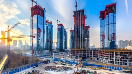 Glistening glass facades of skyscrapers in a cluster at a construction site. Concept Architecture, Skyscrapers, Construction, Glass Facades, Modern Cityscape