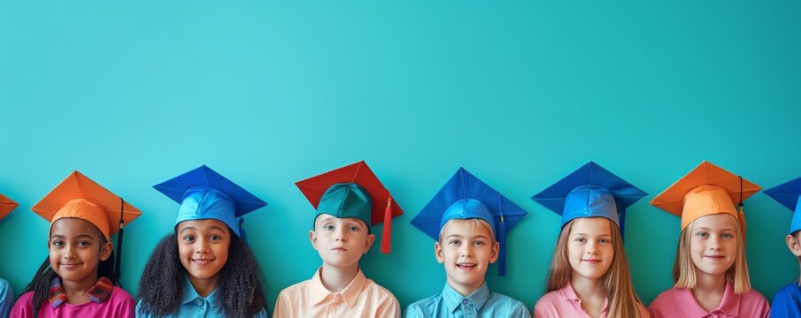 Group of diverse kids in graduation caps - Powered by Adobe