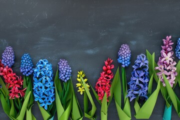 Row of paper flowers on a chalkboard, ideal for decoration