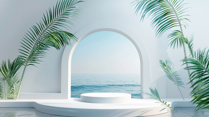 white empty podium showcase for product decorated with palm leaves as frame and The back wall is the sea. , advertising concept background