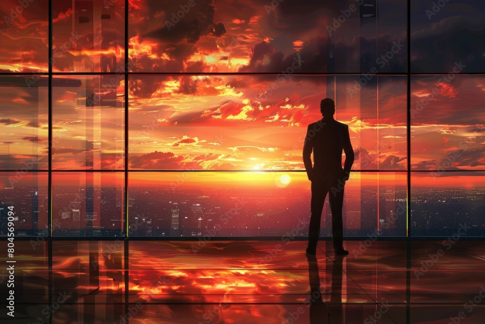 Poster a man standing in front of a large window. suitable for business or lifestyle concepts