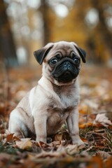 Cute pug dog sitting in a pile of autumn leaves, perfect for pet or fall themed designs