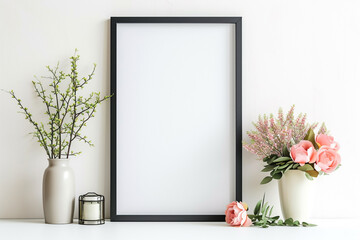Blank picture frame mockup on white wall floral border, illustration