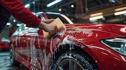 A worker washing a red car using a sponge at a car wash facility.