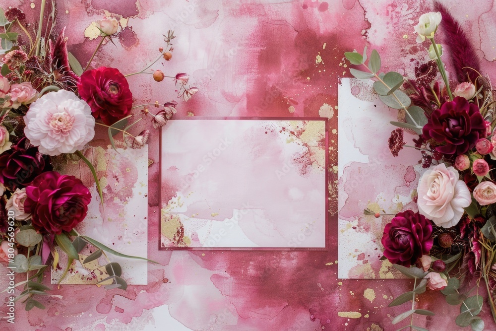 Canvas Prints A beautiful floral arrangement with a blank card on a pink background. Perfect for greeting cards or invitations