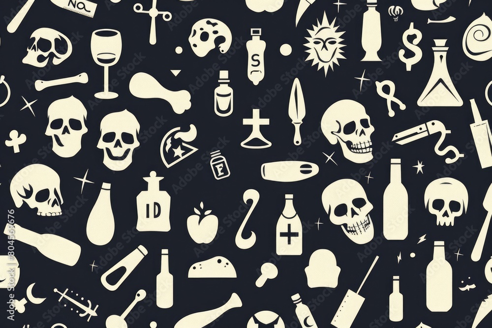 Poster black and white pattern with skulls and bottles, suitable for halloween themes or gothic designs