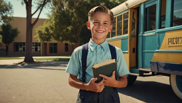 Retro-styled cheerful young boy with slicked hair, dressed in a vintage school uniform, holding books in front of a classic yellow school bus