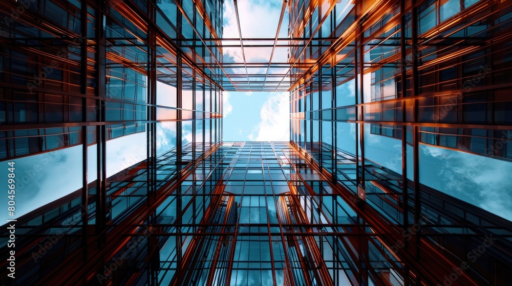 Poster a unique perspective of a building from the ground level. suitable for architectural and constructio