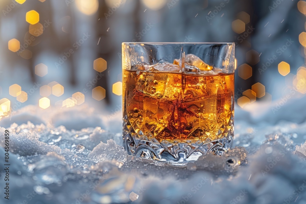 Poster a glass of whiskey with ice cubes is set against a snowy background with soft bokeh lights creating 