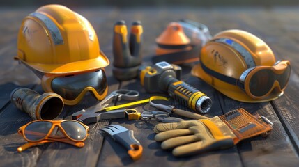 Builder's equipment, helmet, glasses, gloves and more.