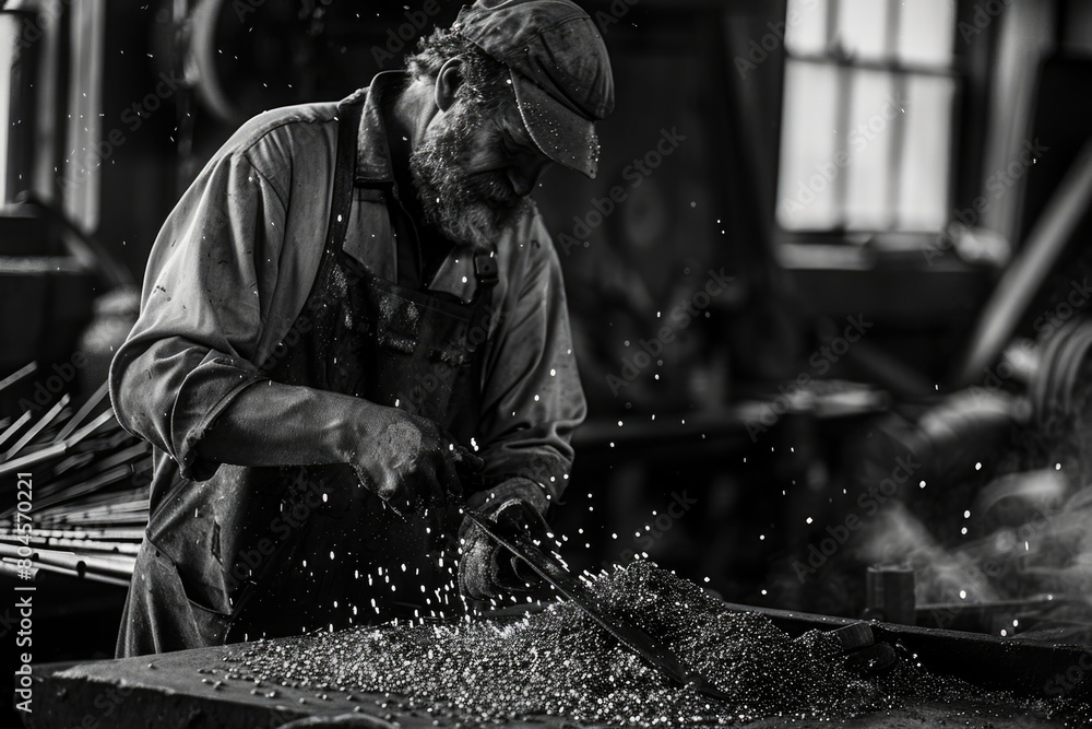 Poster a man focused on working with wood. suitable for woodworking and craftsmanship projects