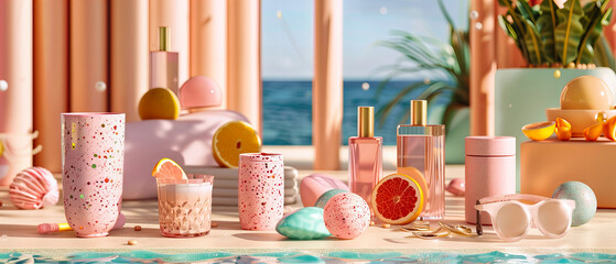 Elegant Cosmetic Products on a Beach, Perfect for Vacation Beauty Care, Tropical Backdrop