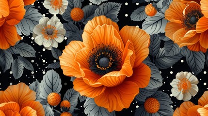 Collage modern orange floral and polka dot seamless pattern. Modern exotic design for paper, cover, fabric, interior decor and other users.