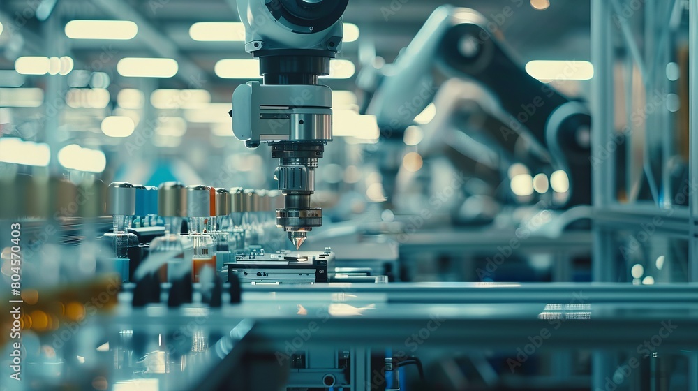 Poster close-up illustration showing robot arms in action at an engineering facility, representing the use 