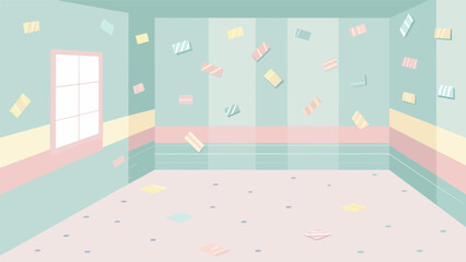 The walls of a room covered in delicate pastelcolored washi tape with hand patterns creating a soft whimsical look..