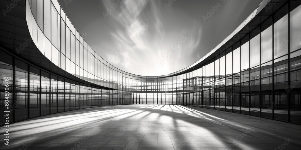 Poster a curved glass building with sleek lines and modern architecture stands against the backdrop of an e