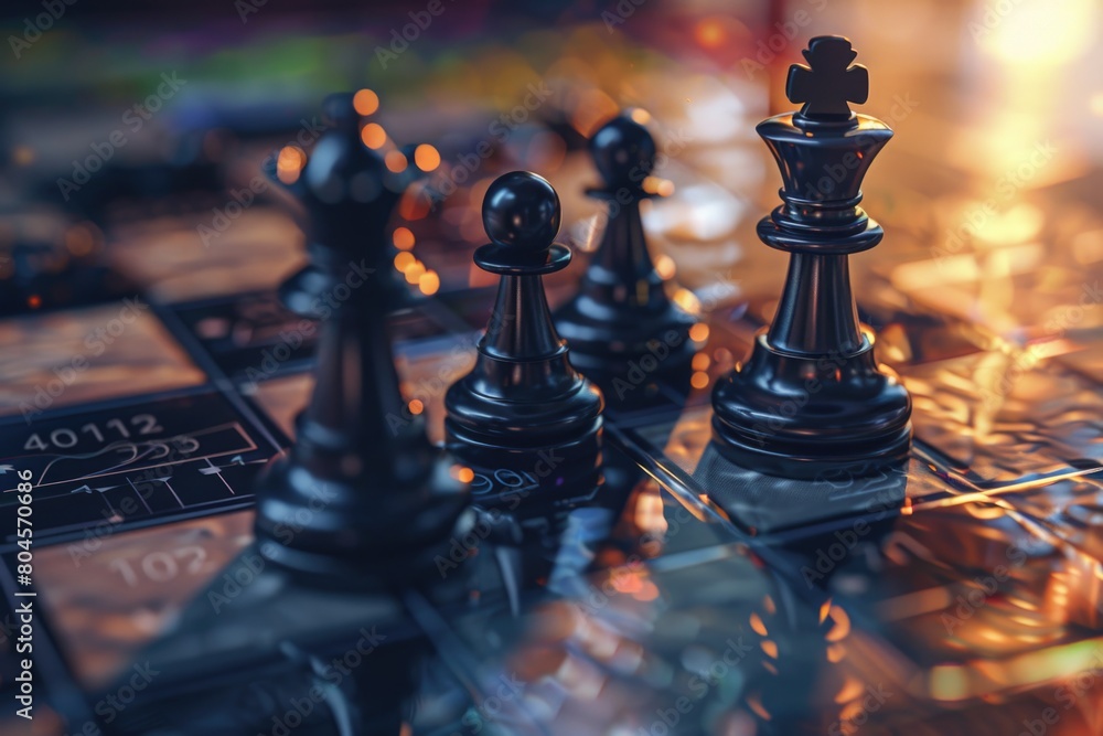 Poster Close up view of chess pieces on a chess board. Suitable for strategy and business concepts