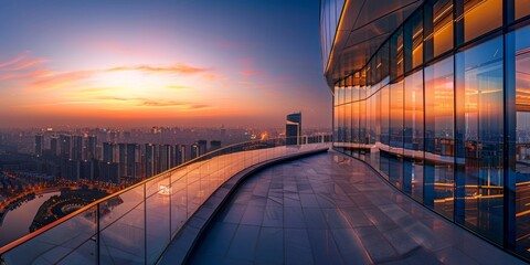 modern curved glass building, sleek and minimalist architecture panoramic city view at sunset,...