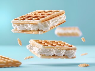 Two waffle sandwiches with whipped cream on top are flying through the air