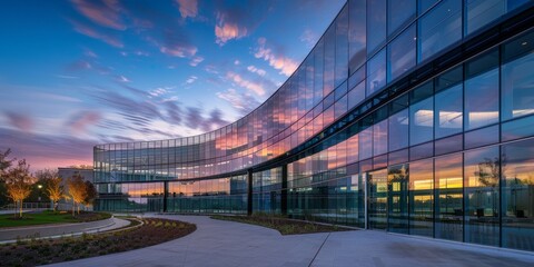 A sleek, curved glass building with reflective surfaces and modern architecture against the backdrop of an open blue sky at sunset Generative AI - Powered by Adobe
