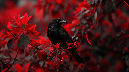 Naklejka premium A black bird perched on a branch in a red-black theme.