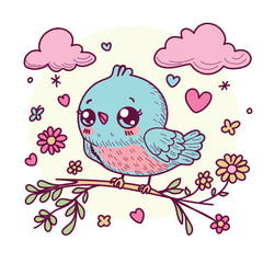 Cute cartoon blue bird on branch