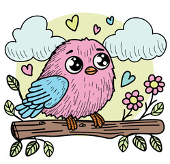 Cute cartoon pink bird on branch