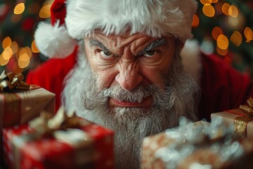 An intimate look at Santa Claus surrounded by a bounty of wrapped gifts and festive lights, exuding holiday cheer